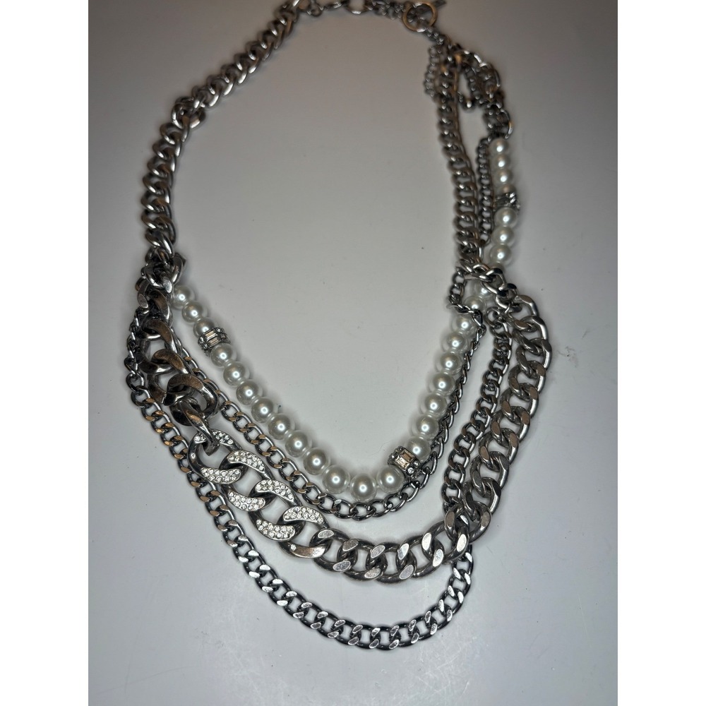 White House Black Market WHBM Silver Tone Multi Strand Pearl Chain Necklace - Picture 4 of 4